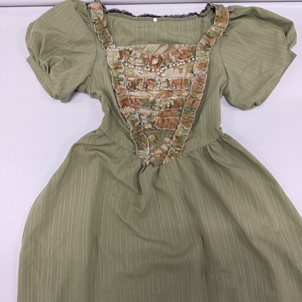 Vintage Style Sage Green Cottagecore Maxi Dress Pearl Floral Tapestry Medium - Picture 2 of 10